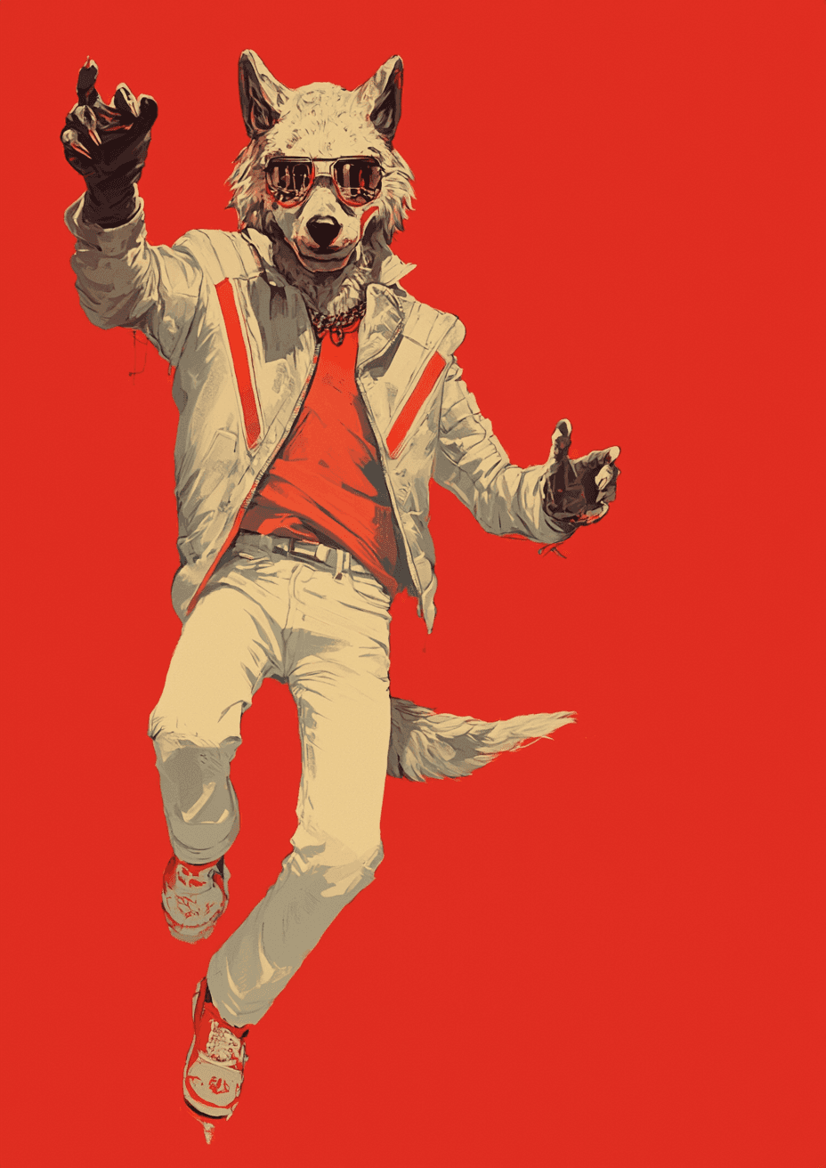 AI generated: illustration of a anthro wolf wearing Michael Jackson's Thriller outfit