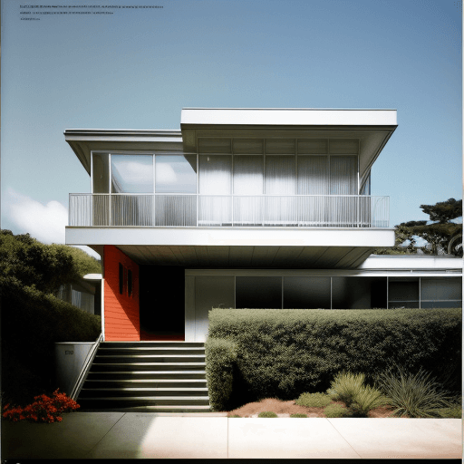 AI generated: Hyper realistic eye level exterior photo of a mid century modern style house overlooking the ocean, ...
