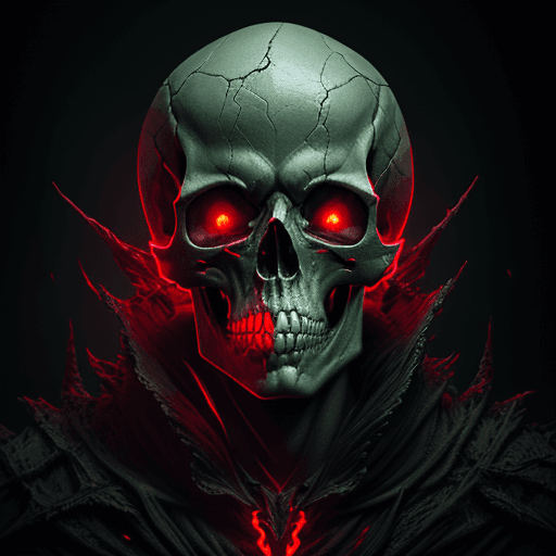 AI generated: demonic skull, hollow green eyes, red glow from the skull, detailed with color, dark fantasy horror,...