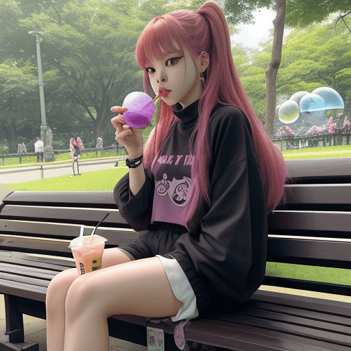 AI generated: Blackpink Lisa, sitting on a bench in a park, drinking bubble tea
