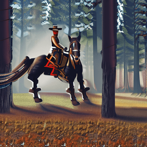 AI generated: Cowboy, rodeo, robotic horse, pine tree background
