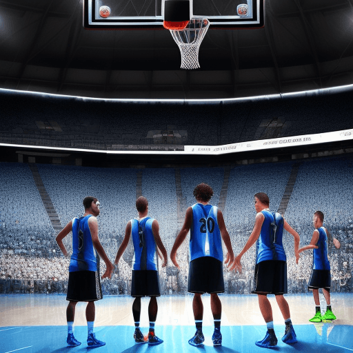 AI generated: 5 jugadores adultos del mismo equipo, en la cancha, jugando basquetbol, uno encesta, una cancha muy ...
