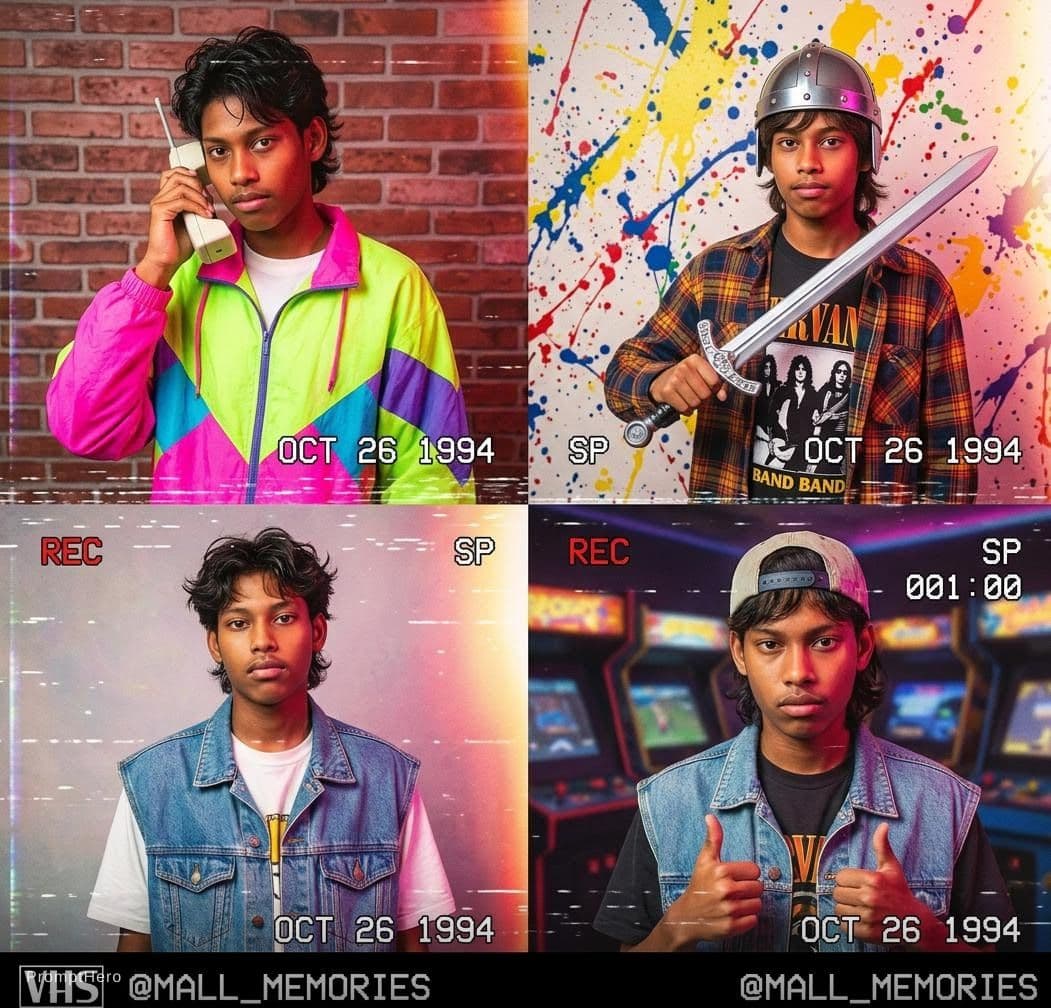 AI generated: Kooky portraits of 90’s mall teens in retro clothing, shot on VHS