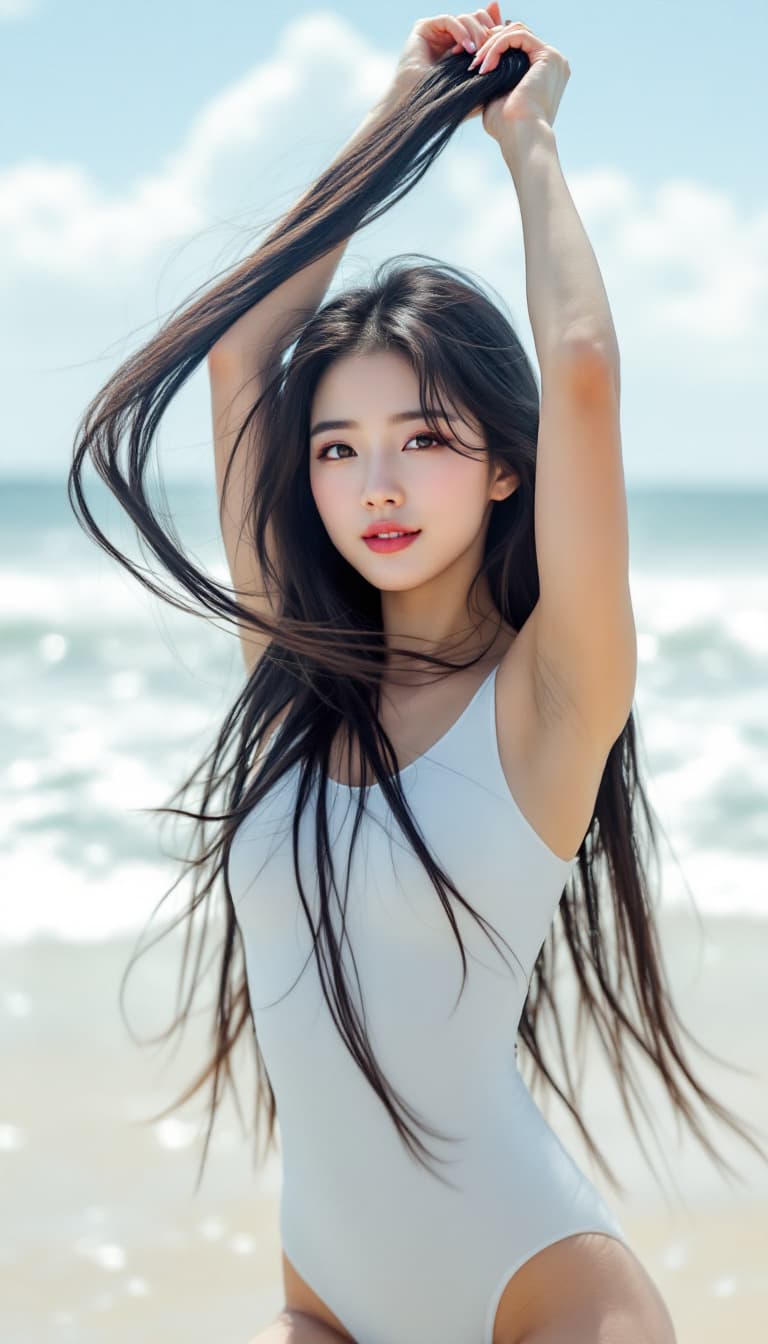 AI generated: High resolution image. A long-haired Korean woman is wearing a white freediving suit. The background...