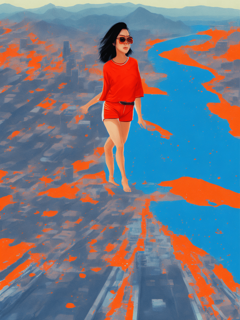 AI generated: very realistic female a Korean woman,slight smile,look down; stand kneel in continent los angeles  b...