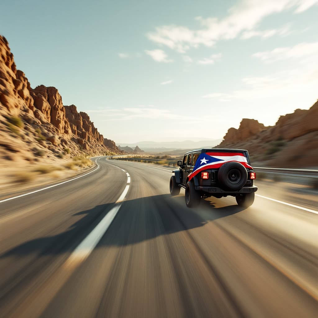 AI generated: Hyper realistic photo of a speeding 2023 Jeep Mojave color black, the jeep is heading towards the ca...