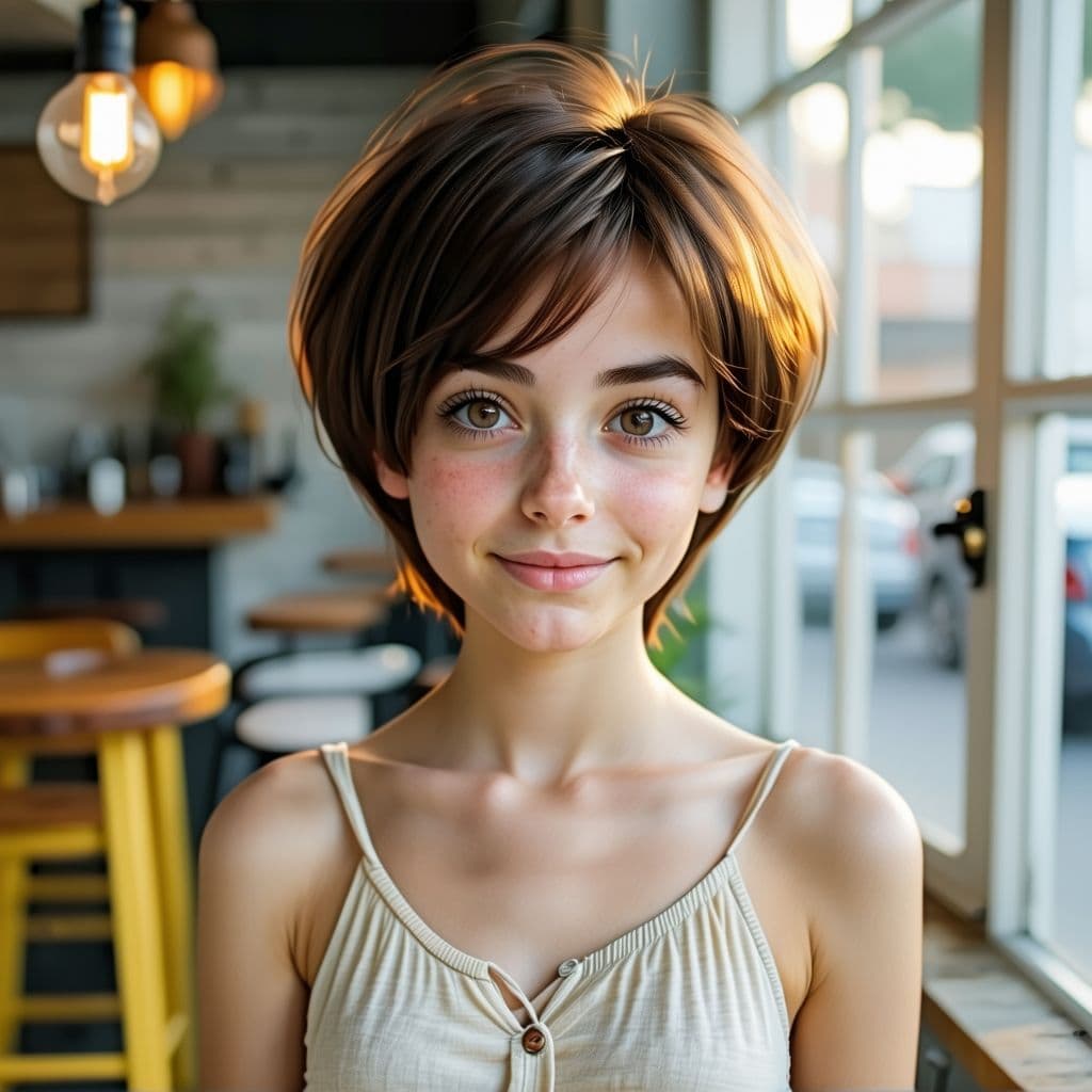 AI generated: small young teen (Dora Explorer:0.7) petite midget, short hair, shy, casual photo, natural beauty, n...
