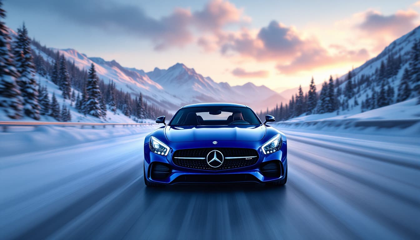 AI generated: hyper realistic luxury Mercedes driving sports blue car on a snow highway