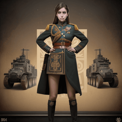 AI generated: full body, Portrait of a girl in officer's ceremonial tunic, loose brown hair, dieselpunk, aristocra...