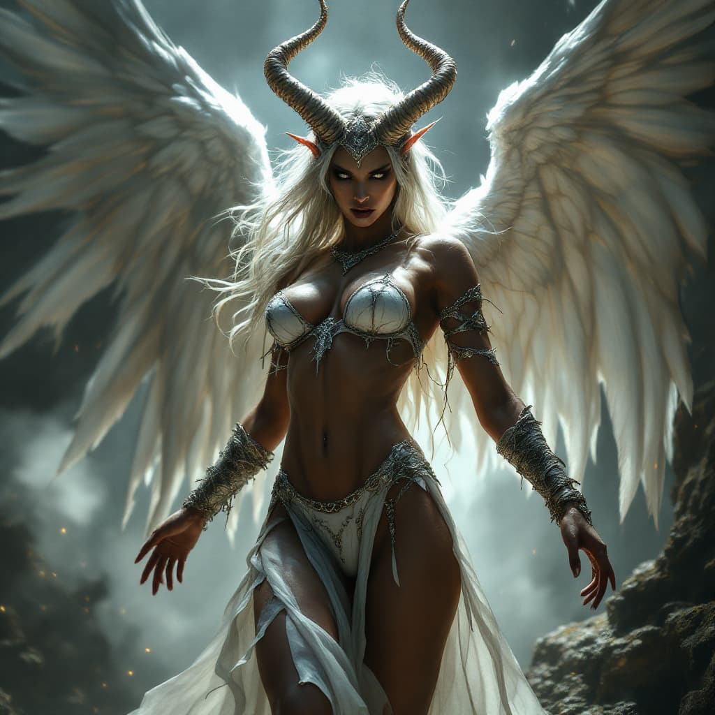 AI generated: the goddess freya in white lingerie, triumphant, standing and with a dominatrix spirit, imposing, ve...