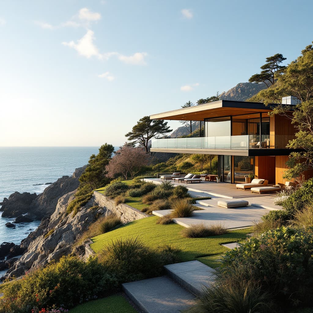 AI generated: Hyper realistic eye level exterior photo of a mid century modern style house overlooking the ocean, ...