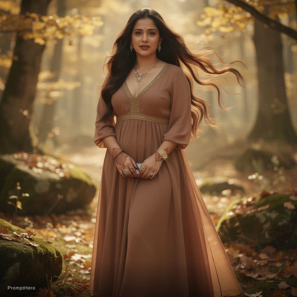 AI generated: A striking young female stands in a sun-dappled forest clearing, her long, wavy hair cascading over ...