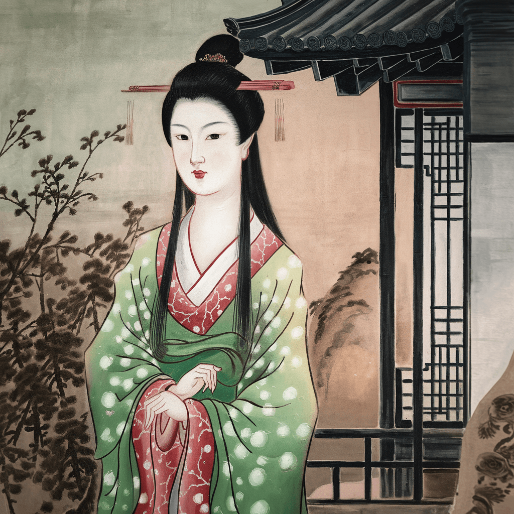 AI generated: a green, white, and red oriental painting, feminine beauty, in the style of botanical impressions, m...