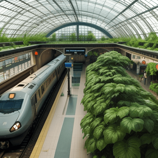 AI generated:  train station covered with plants, overview