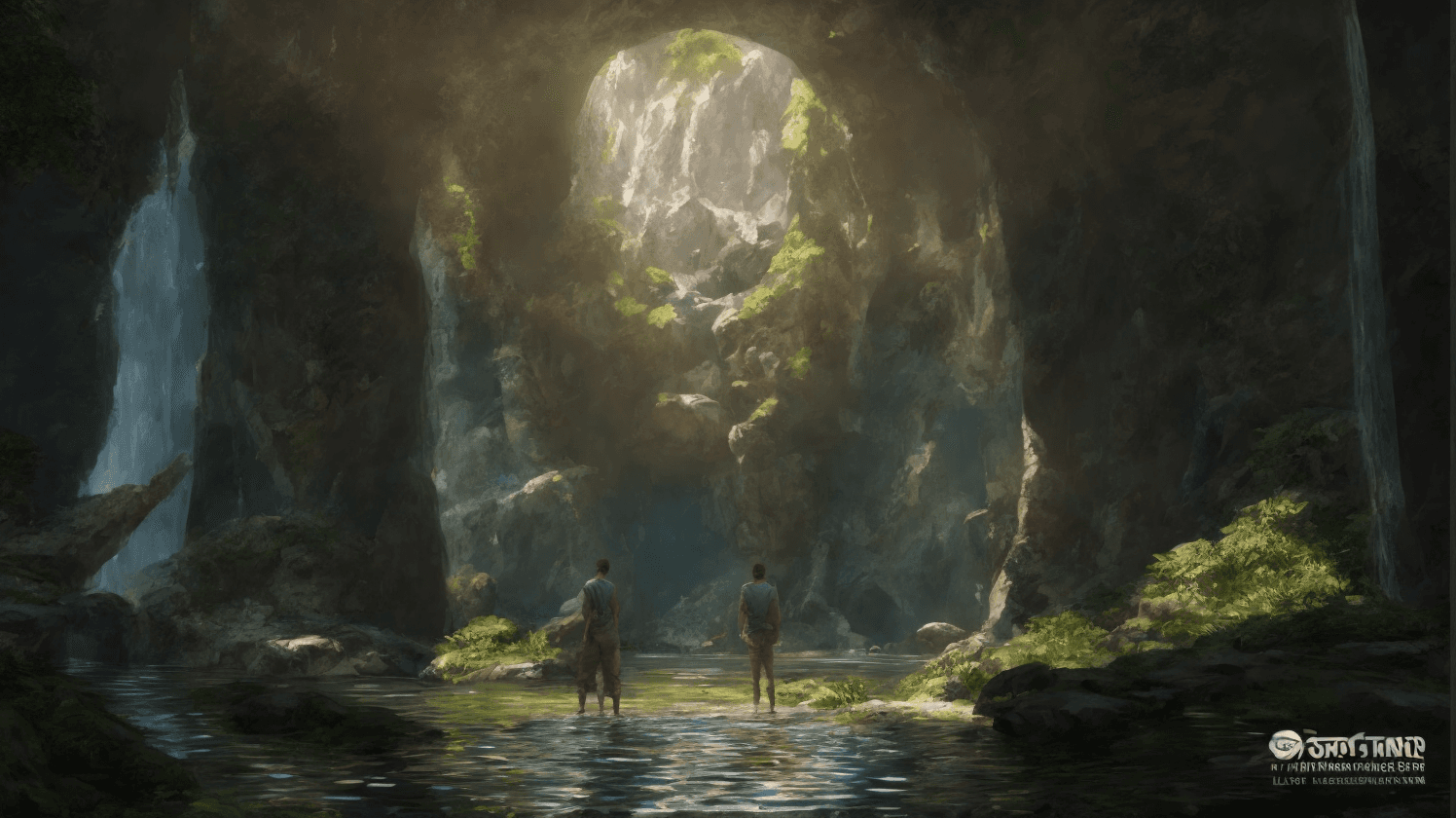AI generated: A person standing inside cave watching a portal above him, the cave is filled with foliage, and patc...