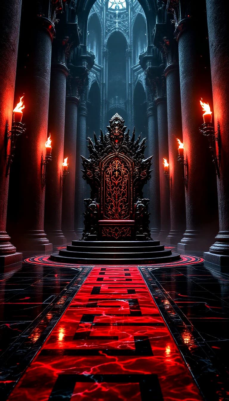 AI generated: A realistic, wide angle photo of a vast, gothic, medieval throne room with towering stone pillars an...