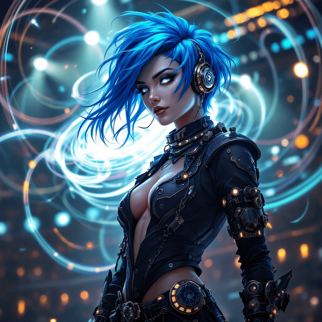 AI generated: The Sound Shaper: A powerful mage with short, vibrant electric blue hair, styled in a dynamic and as...