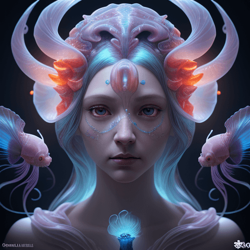 AI generated: Goddess close-up portrait ribcagel. jellyfish phoenix head, nautilus, orchid, skull, betta fish, bio...