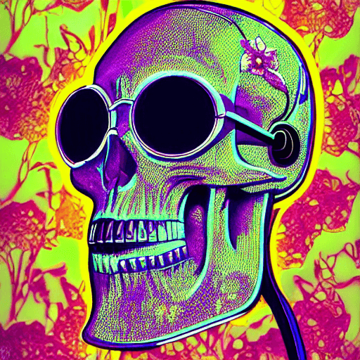 AI generated: a crystal skull with flowers | with cyberglasses neon, and earphone,dj sound,side profile of cyberpu...