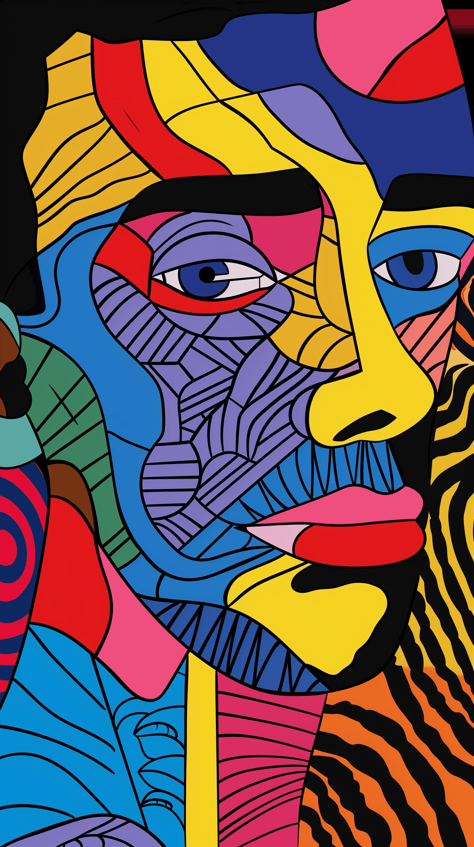 AI generated: illustration, man, face, gaze, colors, outline, pattern --ar 9:16 --style raw