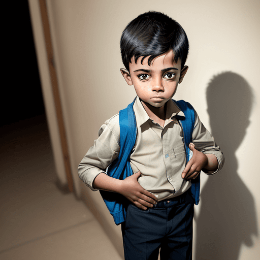 AI generated: A young boy pulls out his empty trouser pockets with his hands showing that they are empty.

