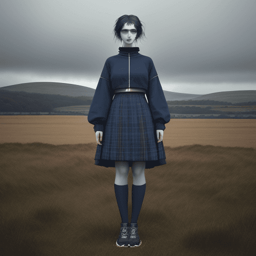 AI generated: A woman stands in a field, dressed for the camera. Her attire reflects an eclectic style reminiscent...
