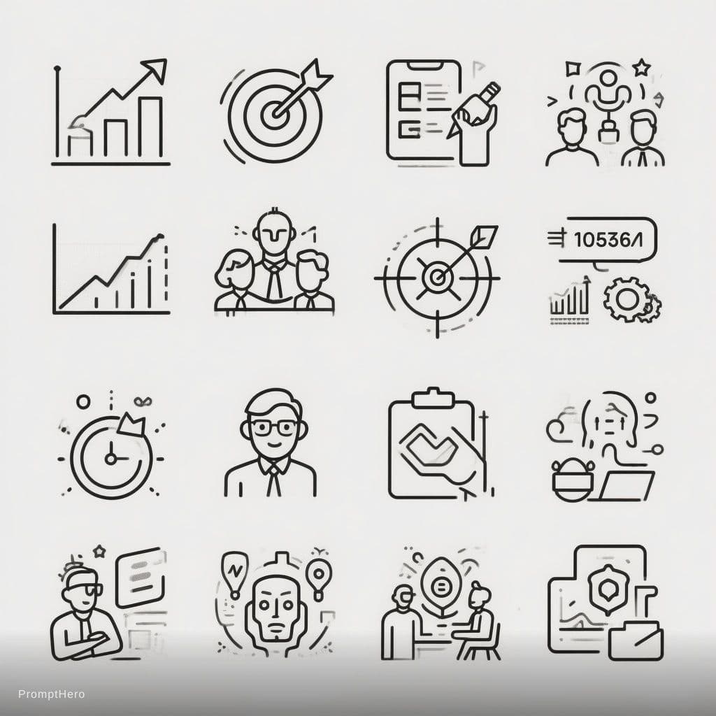 AI generated: Create a clean black and white vector icon set featuring modern business and startup concepts such a...