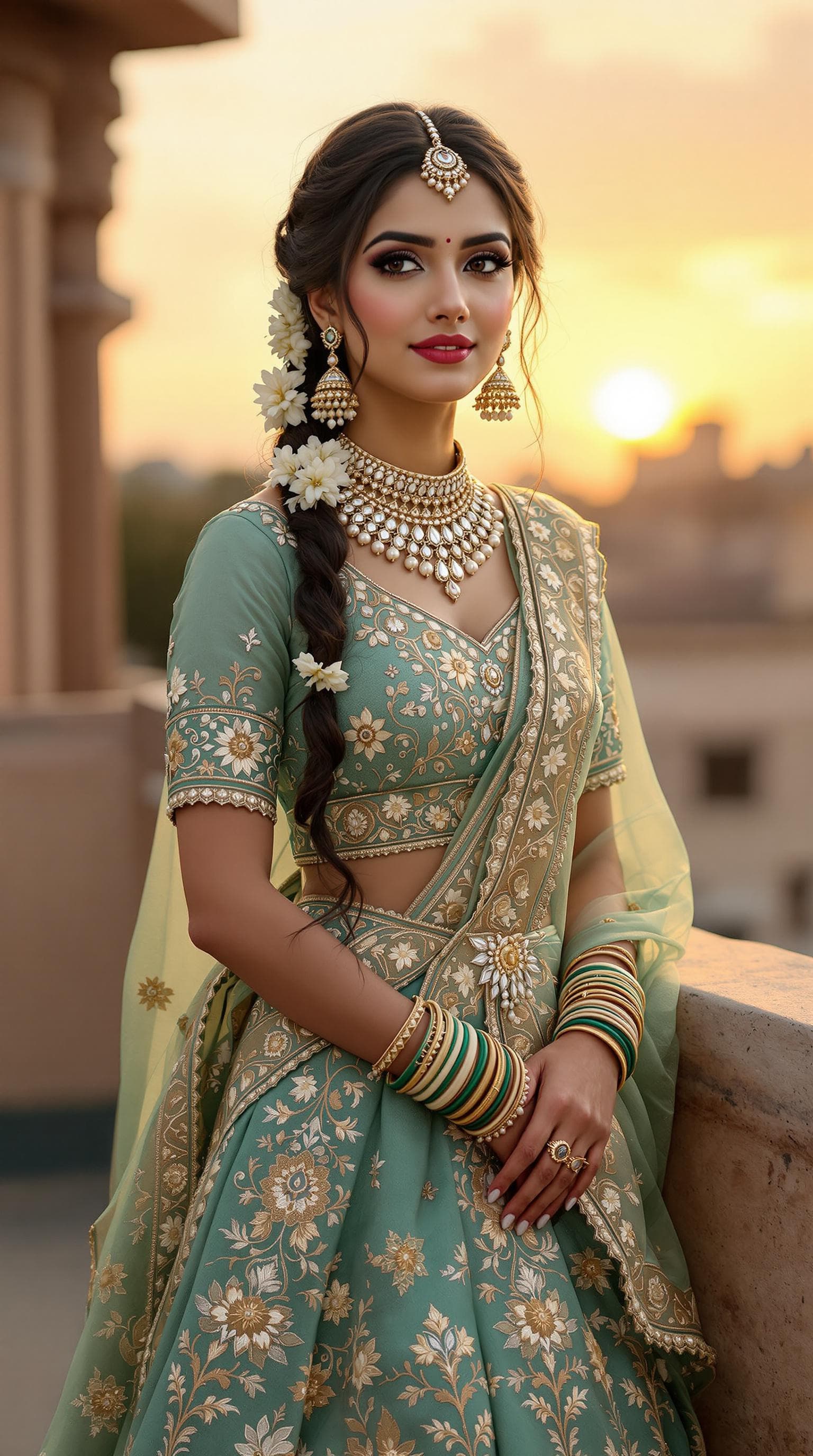AI generated:  "A highly detailed ultra HD 8K realistic portrait of a young Indian woman dressed in a traditional ...