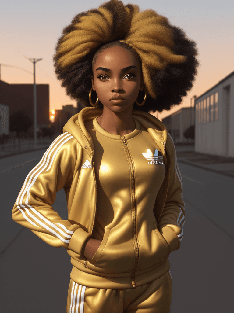 AI generated: Hyper realistic Beautyfull Afroamerican girl, Wearing an Adidas tracksuit, Outdoor, golden hour