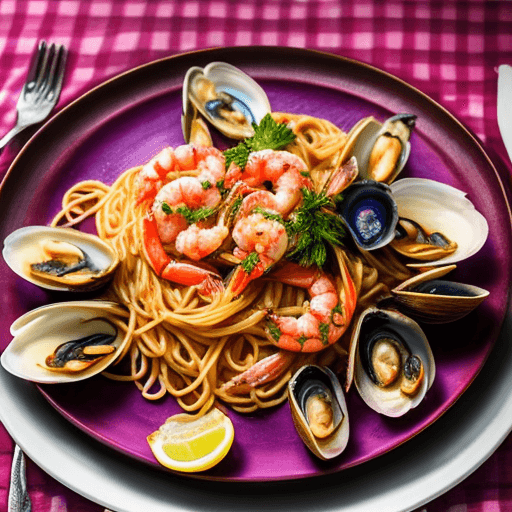 AI generated: A mouthwatering seafood spaghetti masterpiece. Only the pasta is a vivid magenta color, elegantly pl...
