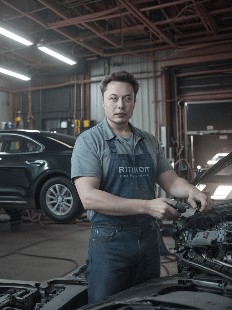 AI generated: portrait of Elon Musk working in a car repair shop, ultra realistic, 8k full HD, low angle, unreal e...