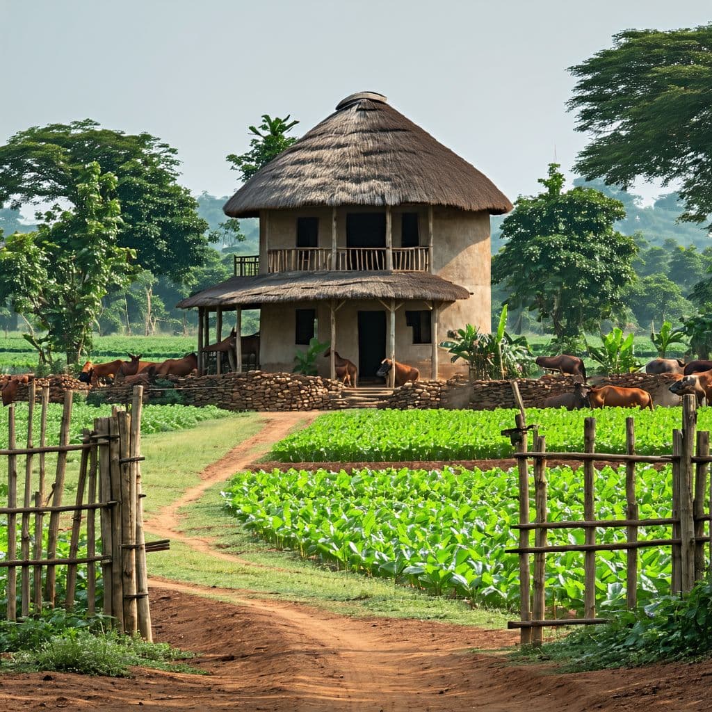 AI generated: serene farm house with a security post, crop and animal yards, rich colors, 4k resolution, detailed ...