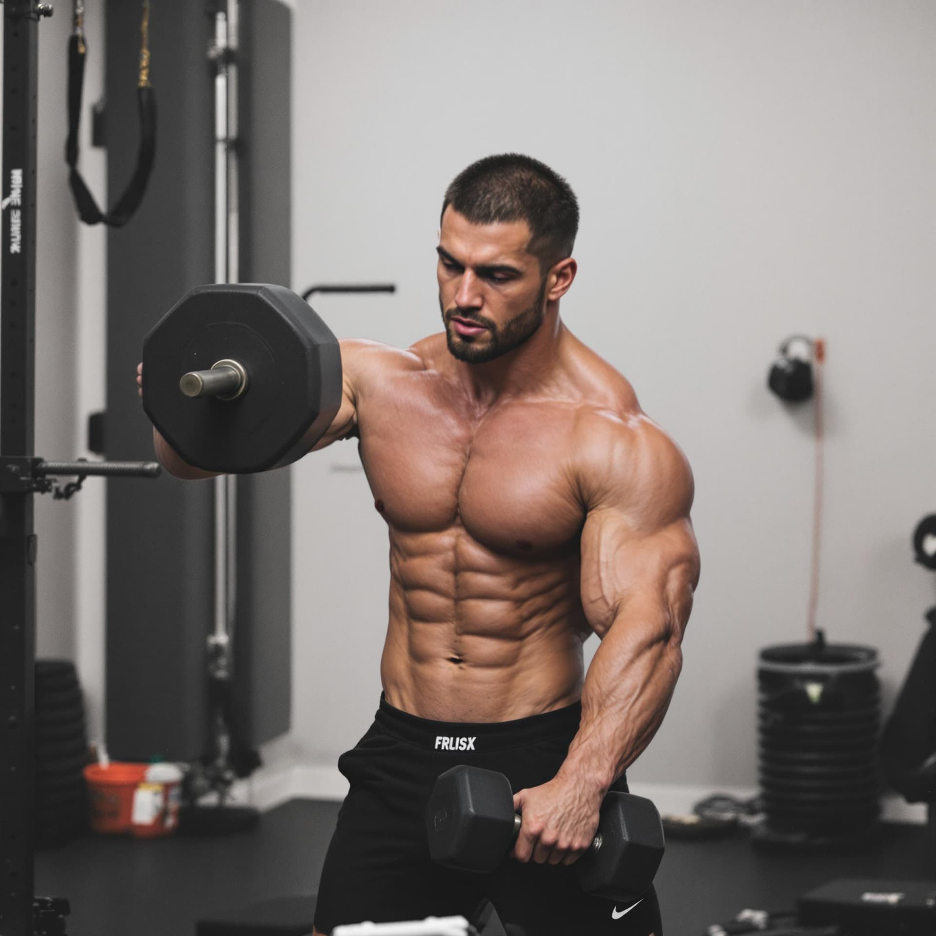 AI generated: a bodybuilder in black shorts lifting dumbbell