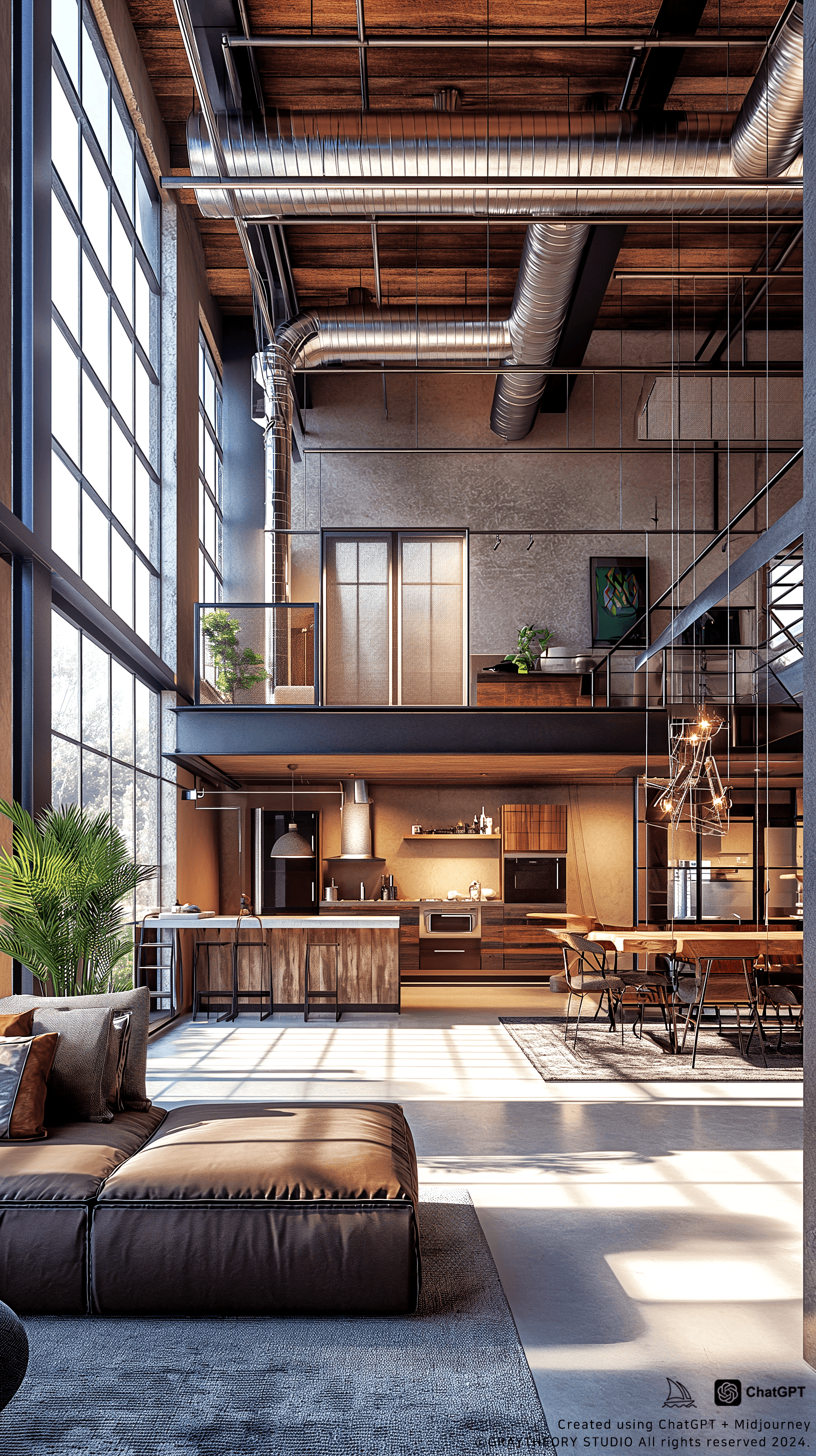AI generated: A modern industrial loft, high ceilings with exposed ductwork, viewed from an elevated angle to capt...