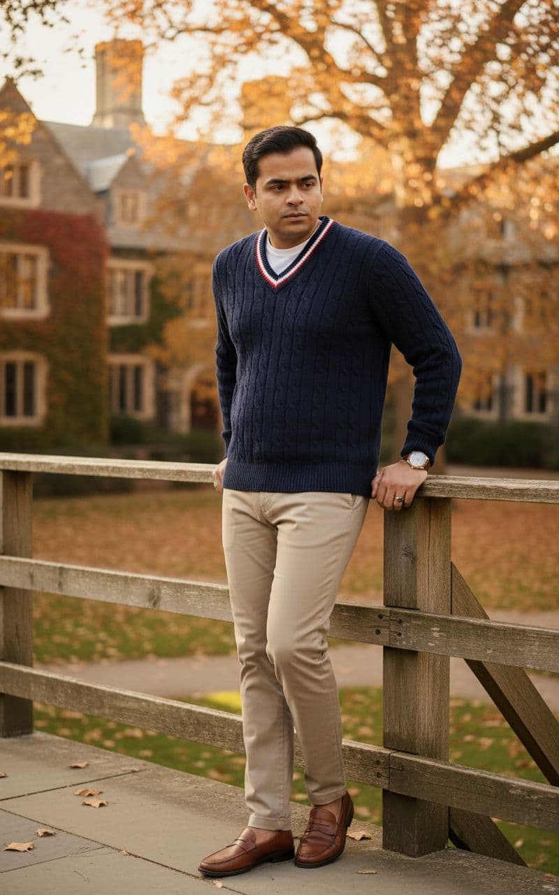 AI generated: Subject: An elegant late-20s man. Clothing: Navy blue cable-knit cricket sweater over a white t-shir...