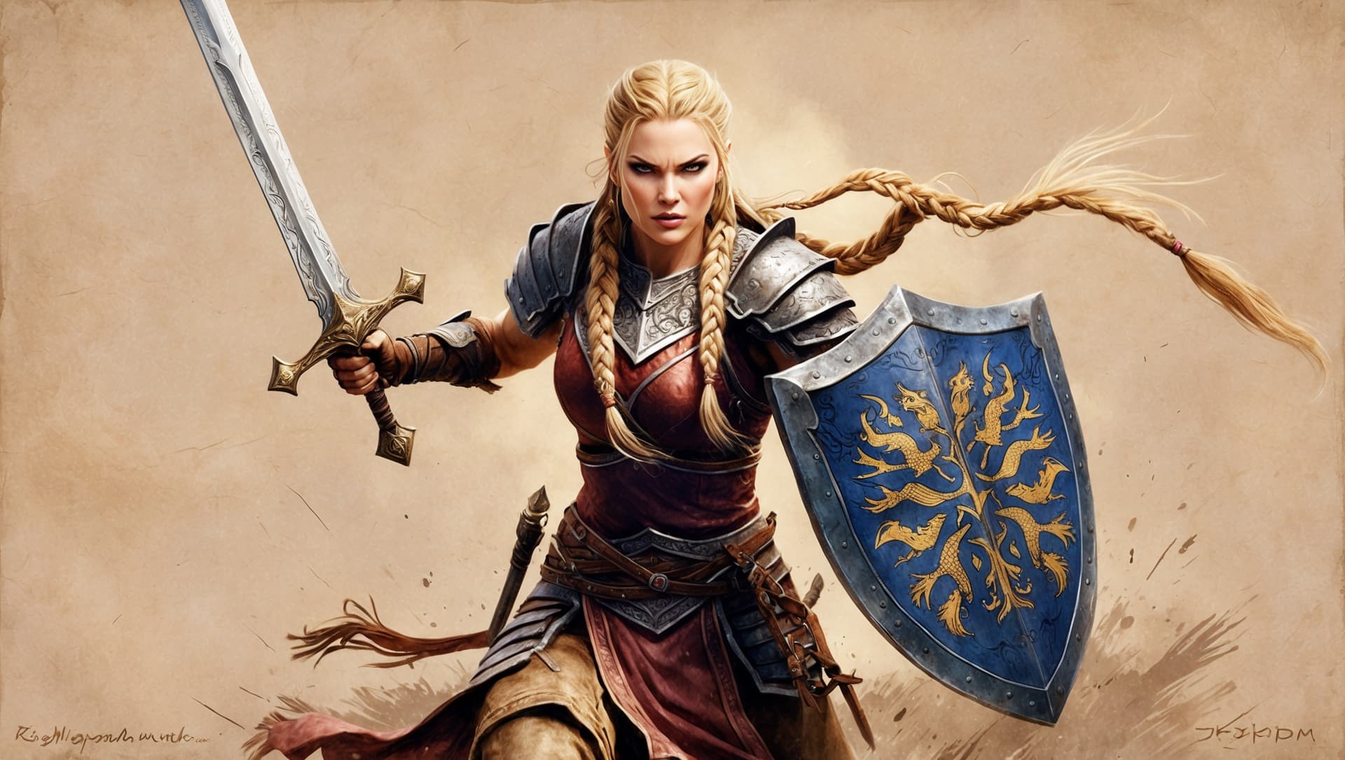 AI generated: a masterful, highly detailed rough color pencil sketch of a powerful Nord warrior woman from the Sky...