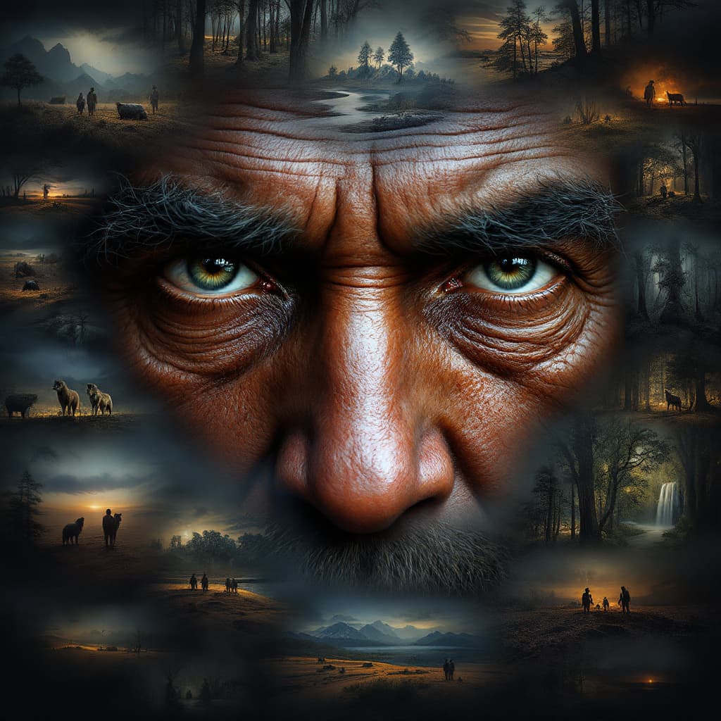 AI generated: digital painting, ultra realistic, very detailed eyes of an old Australian aborigines shaman, sergio...