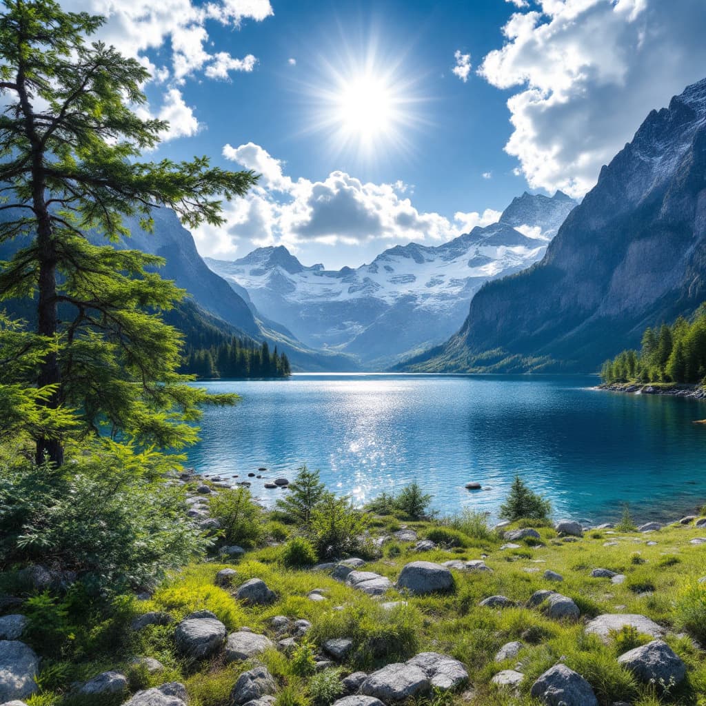 AI generated: Eine atemberaubende Landschaft mit einem kristallklaren, türkisblauen See im Vordergrund, umgeben vo...