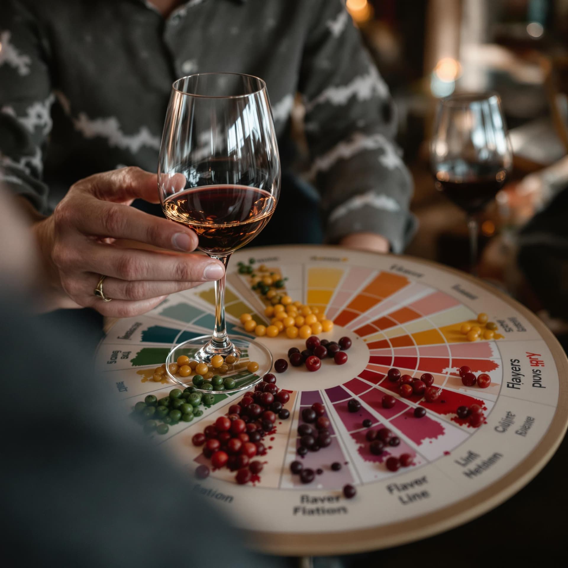 AI generated: A person tasting wine with a flavor wheel nearby. dslr, ultra quality, sharp focus, tack sharp, dof,...