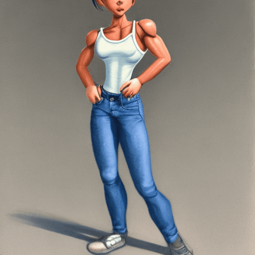 AI generated: A short muscular tomboy dressed in jeans and a bodysuit