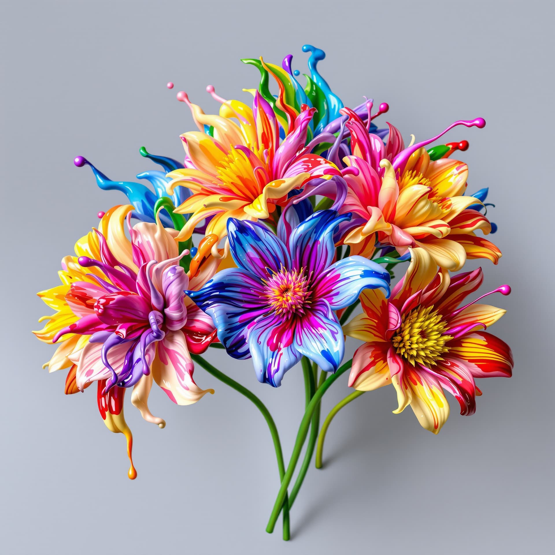 AI generated: 3d chysantemum flowers made of fluids liquid paint vivid and multicolored wet look joined to form an...