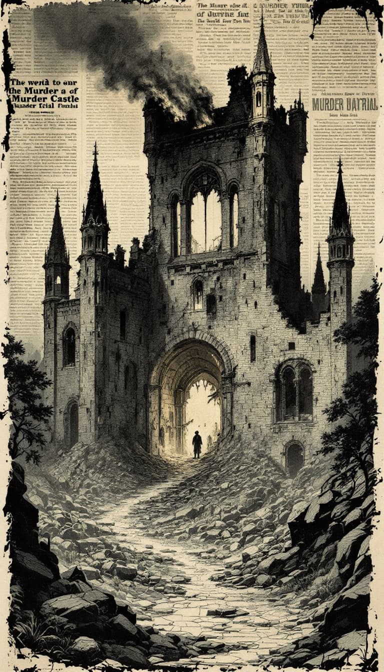 AI generated: An image in a Victorian Penny Dreadful comic style of a The burned ruins of the Murder Castle, overl...