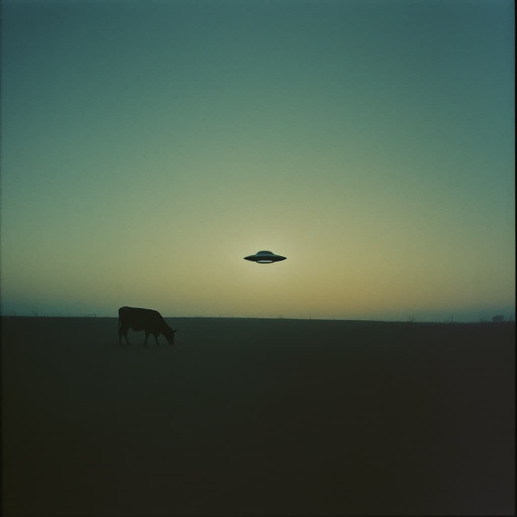 AI generated: A serene, minimalist dusk landscape with a vintage Fujifilm film aesthetic, capturing a mysterious U...