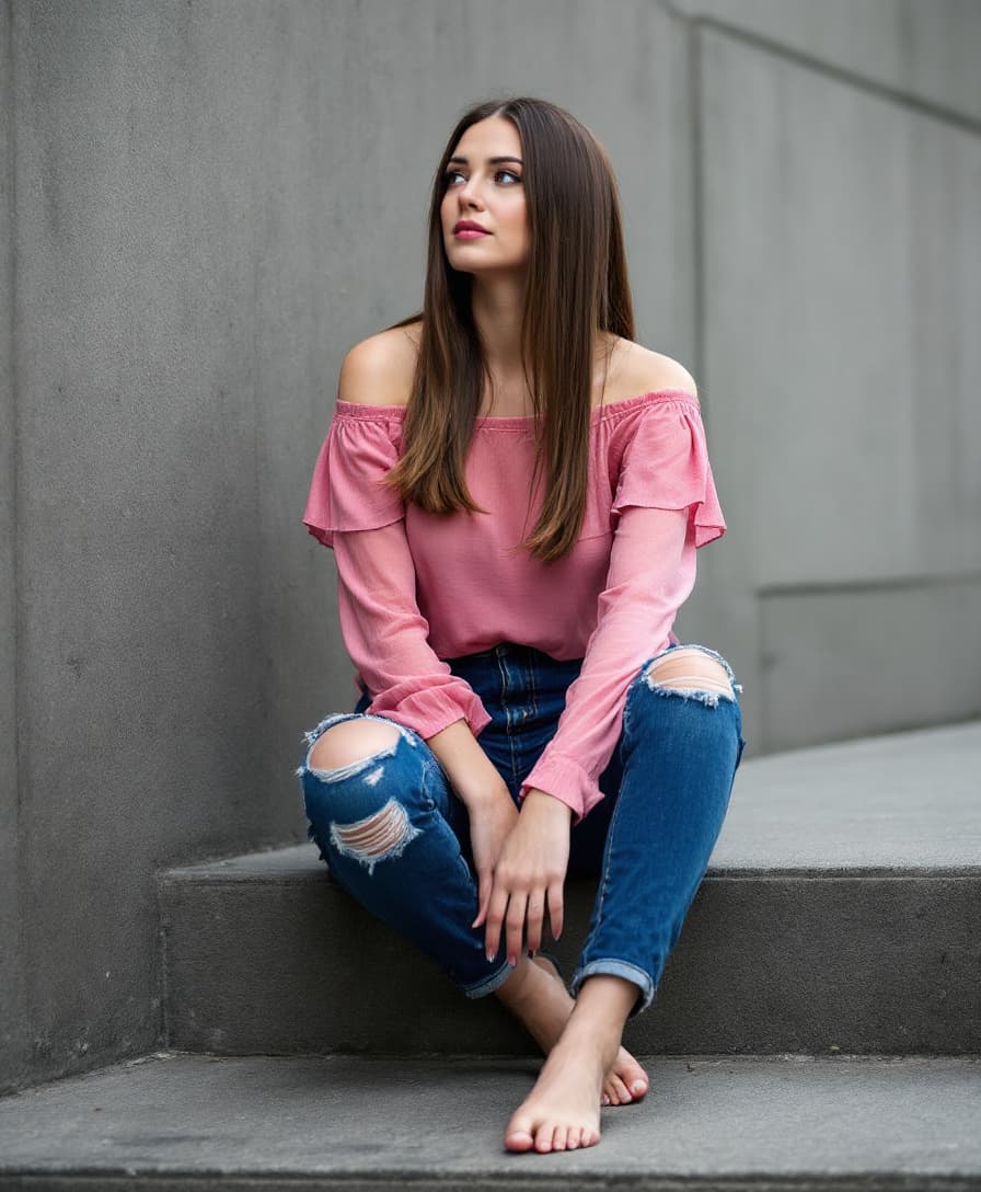AI generated: A woman is seated on a wide step with her legs crossed. Her straight long brunette hair frames her b...