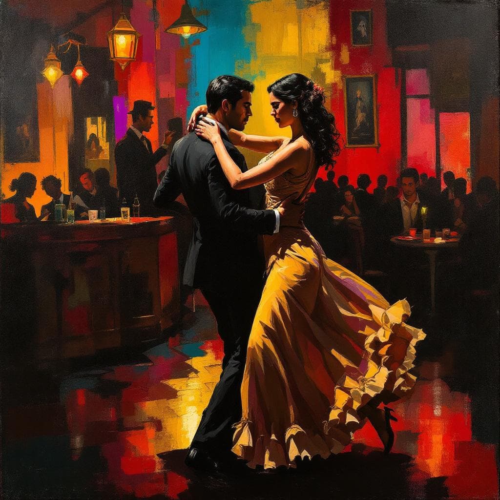 AI generated: A couple standing dancing a tango wearing traditional tango dancers' clothing in a nightclub, in the...