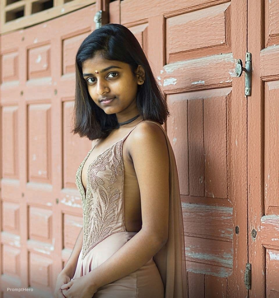 AI generated: A girl 18 year old Indian girl with 36 waist 40 hip chest 36 in one piece dress 