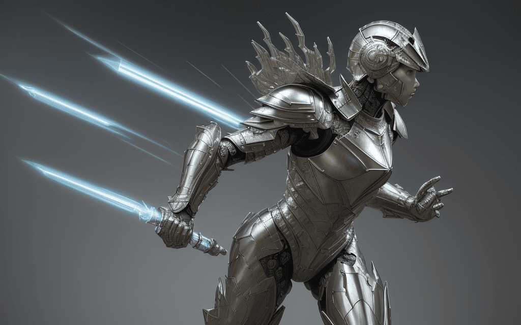 AI generated: 3D rendering of Armored Warrior, Full Body, Weapon, Complex Detail, Metallic, Reflective,in the styl...