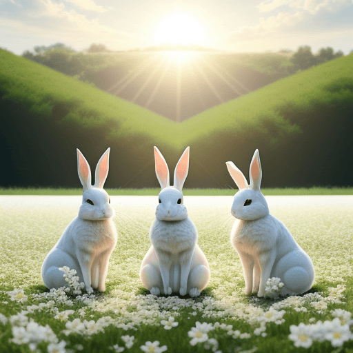 AI generated: 4 realistic rabbits on a green field with lots of white flowers, sun from behind, sundown, nature 