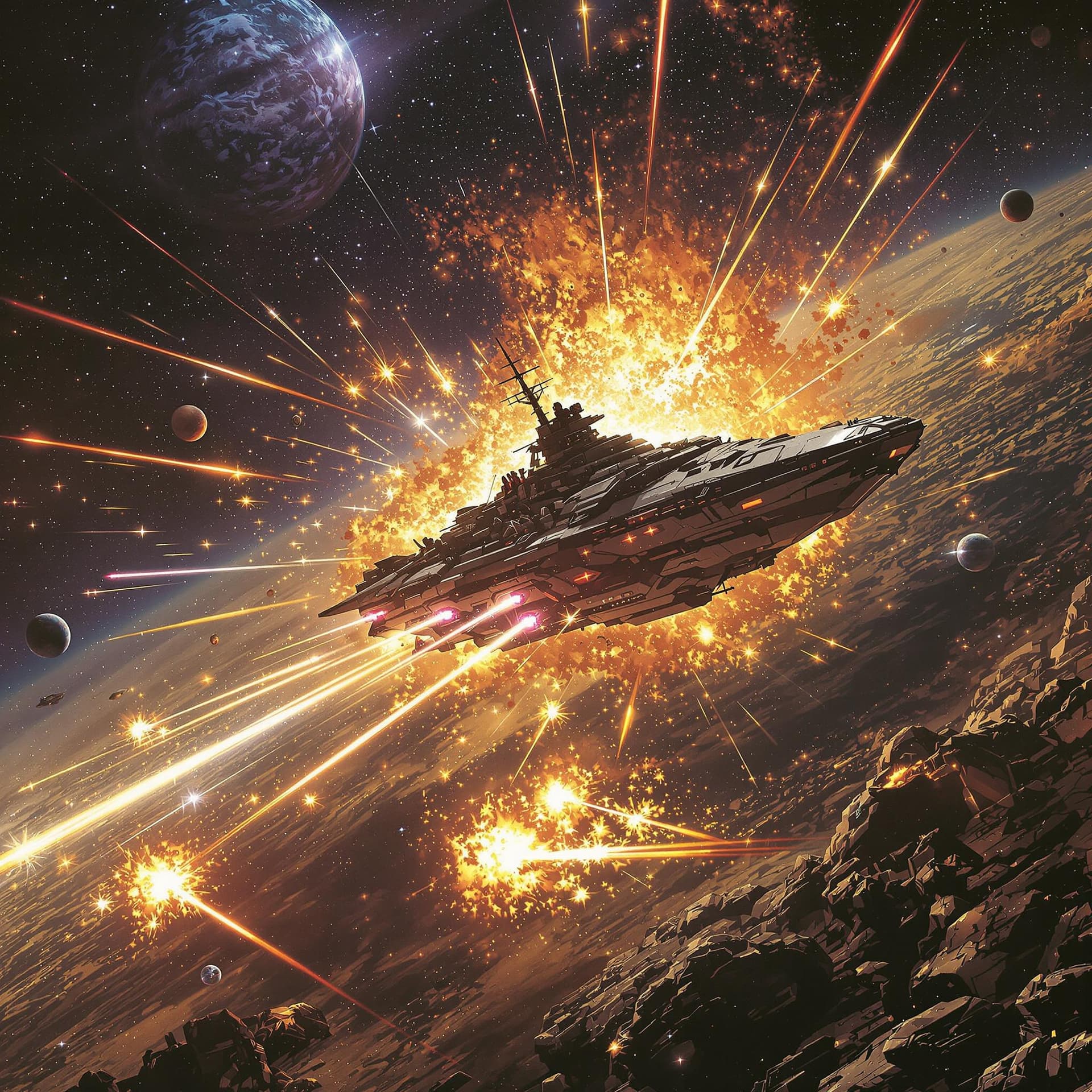 AI generated: all female intergalactic battle cruiser destroy a tiny planet full of wiked aliens that capture and ...