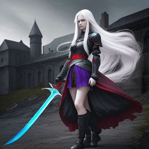 AI generated: a girl with long white hair and blue eyes , a black and red sword in her hands , use war place for b...
